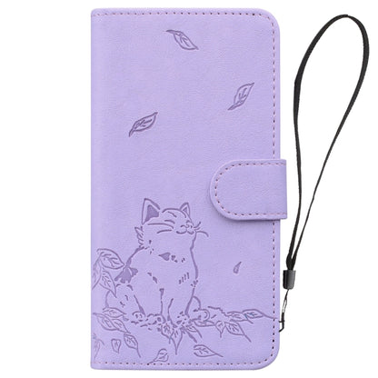 For iPhone 16e Cute Cat Embossed Leather Phone Case(Purple) by buy2fix