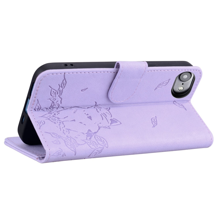 For iPhone 16e Cute Cat Embossed Leather Phone Case(Purple) by buy2fix