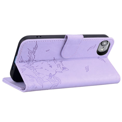 For iPhone 16e Cute Cat Embossed Leather Phone Case(Purple) by buy2fix
