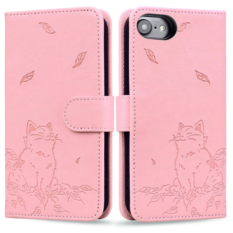 For iPhone 16e Cute Cat Embossed Leather Phone Case(Pink) by buy2fix