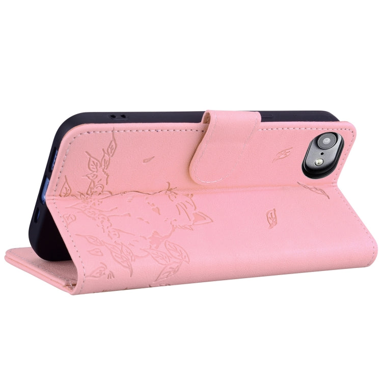 For iPhone 16e Cute Cat Embossed Leather Phone Case(Pink) by buy2fix