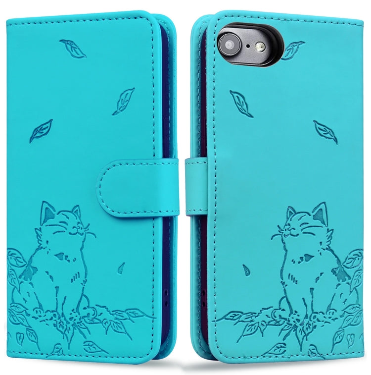 For iPhone 16e Cute Cat Embossed Leather Phone Case(Lake Blue) by buy2fix