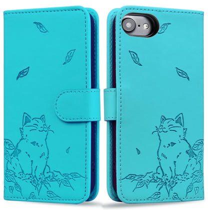 For iPhone 16e Cute Cat Embossed Leather Phone Case(Lake Blue) by buy2fix