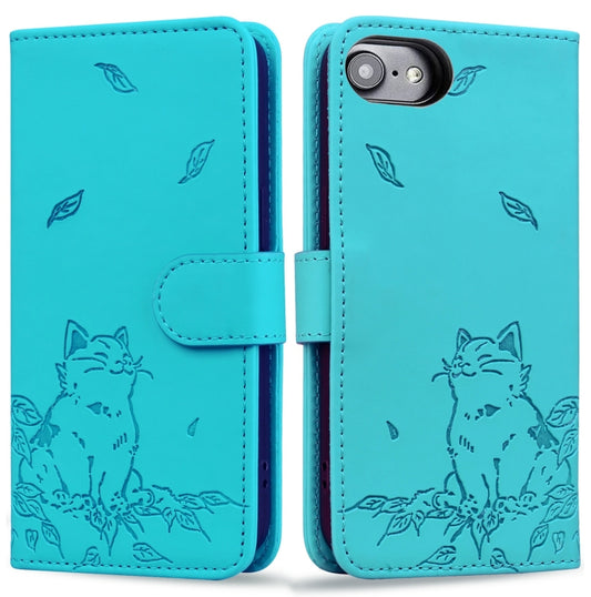 For iPhone 16e Cute Cat Embossed Leather Phone Case(Lake Blue) by buy2fix