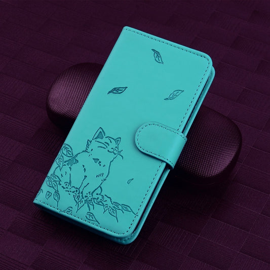 For iPhone 16e Cute Cat Embossed Leather Phone Case(Lake Blue) by buy2fix