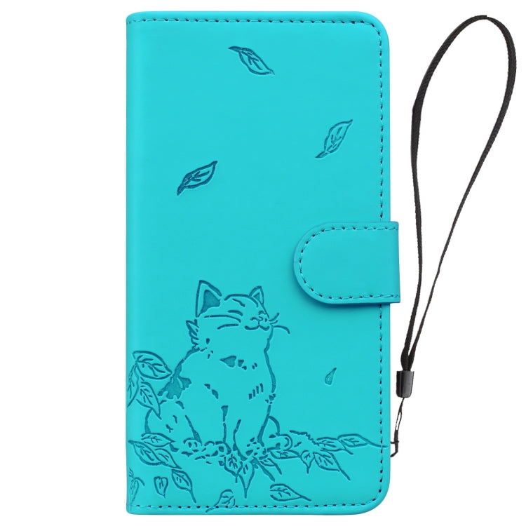 For iPhone 16e Cute Cat Embossed Leather Phone Case(Lake Blue) by buy2fix