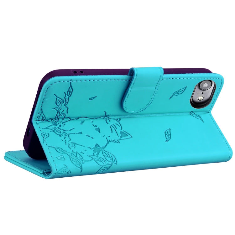 For iPhone 16e Cute Cat Embossed Leather Phone Case(Lake Blue) by buy2fix