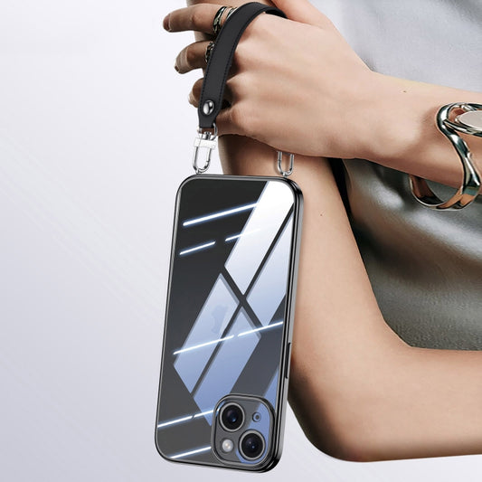 For iPhone 15 SULADA  Electroplated Clear TPU Soft Frame Phone Case with Wrist Strap(Black) - iPhone 15 Cases by SULADA | Online Shopping UK | buy2fix
