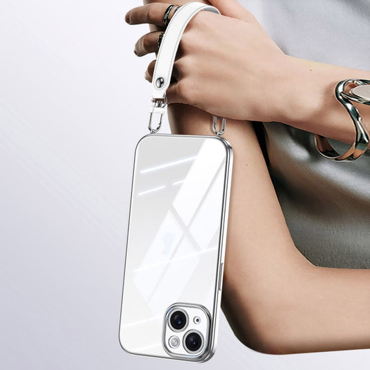 For iPhone 14 SULADA  Electroplated Clear TPU Soft Frame Phone Case with Wrist Strap(Silver) - iPhone 14 Cases by SULADA | Online Shopping UK | buy2fix