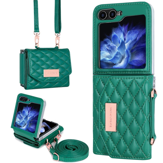 For Samsung Galaxy Z Flip6 / Flip7 FE VIETAO Rhombic Texture Wallet PU Phone Case with Long Lanyard(Green) - Galaxy Z Flip6 5G Cases by VIETAO | Online Shopping UK | buy2fix