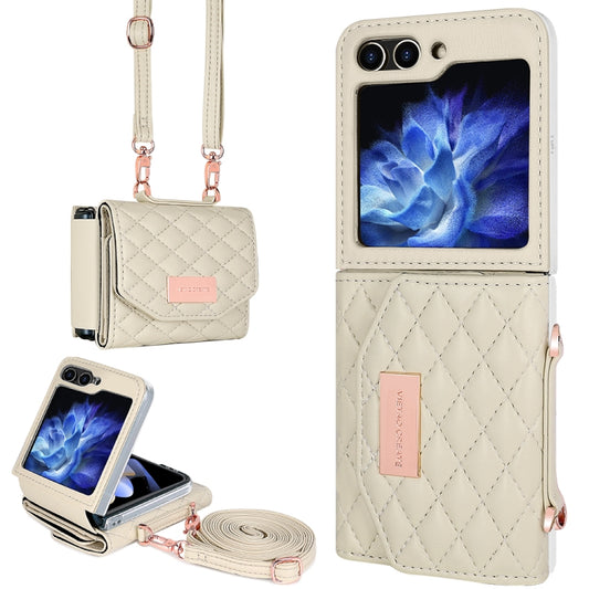 For Samsung Galaxy Z Flip6 / Flip7 FE VIETAO Rhombic Texture Wallet PU Phone Case with Long Lanyard(Beige) - Galaxy Z Flip6 5G Cases by VIETAO | Online Shopping UK | buy2fix