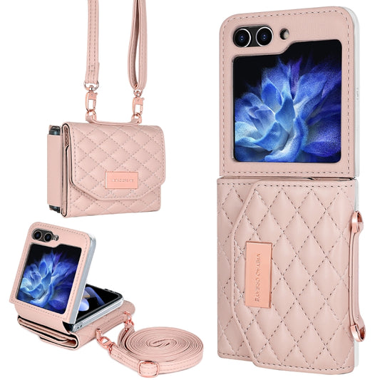 For Samsung Galaxy Z Flip6 / Flip7 FE VIETAO Rhombic Texture Wallet PU Phone Case with Long Lanyard(Pink) - Galaxy Z Flip6 5G Cases by VIETAO | Online Shopping UK | buy2fix