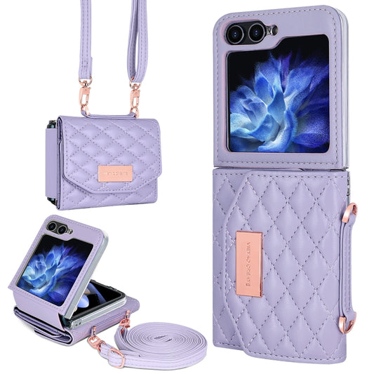 For Samsung Galaxy Z Flip6 / Flip7 FE VIETAO Rhombic Texture Wallet PU Phone Case with Long Lanyard(Purple) - Galaxy Z Flip6 5G Cases by VIETAO | Online Shopping UK | buy2fix