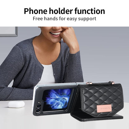 For Samsung Galaxy Z Flip5 VIETAO Rhombic Texture Wallet PU Phone Case with Long Lanyard(Black) - Galaxy Z Flip5 Cases by VIETAO | Online Shopping UK | buy2fix