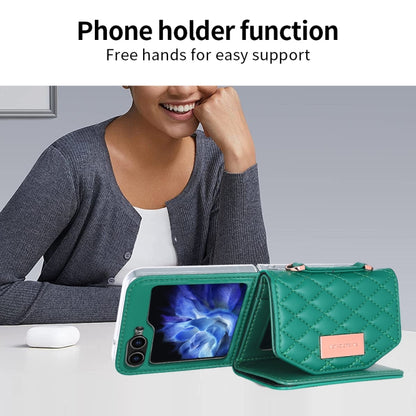 For Samsung Galaxy Z Flip5 VIETAO Rhombic Texture Wallet PU Phone Case with Long Lanyard(Green) - Galaxy Z Flip5 Cases by VIETAO | Online Shopping UK | buy2fix