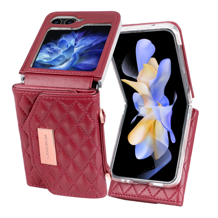 For Samsung Galaxy Z Flip5 VIETAO Rhombic Texture Wallet PU Phone Case with Long Lanyard(Red) - Galaxy Z Flip5 Cases by VIETAO | Online Shopping UK | buy2fix