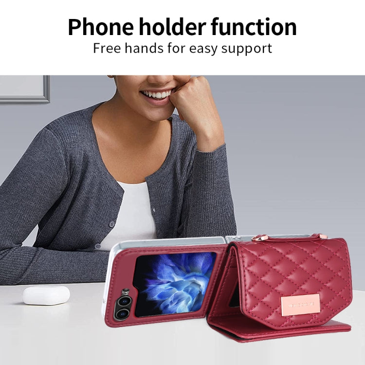 For Samsung Galaxy Z Flip5 VIETAO Rhombic Texture Wallet PU Phone Case with Long Lanyard(Red) - Galaxy Z Flip5 Cases by VIETAO | Online Shopping UK | buy2fix