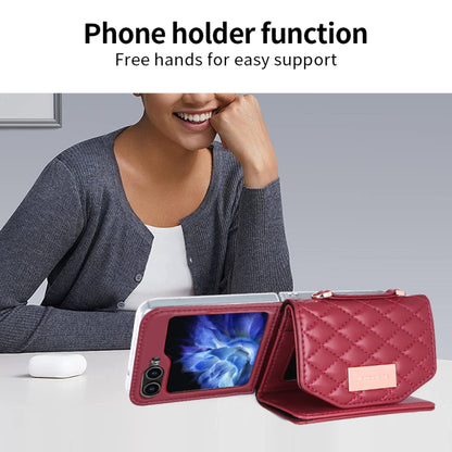 For Samsung Galaxy Z Flip5 VIETAO Rhombic Texture Wallet PU Phone Case with Long Lanyard(Red) - Galaxy Z Flip5 Cases by VIETAO | Online Shopping UK | buy2fix