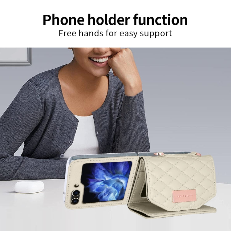 For Samsung Galaxy Z Flip5 VIETAO Rhombic Texture Wallet PU Phone Case with Long Lanyard(Beige) - Galaxy Z Flip5 Cases by VIETAO | Online Shopping UK | buy2fix