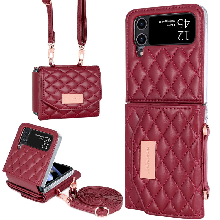 For Samsung Galaxy Z Flip4 VIETAO Rhombic Texture Wallet PU Phone Case with Long Lanyard(Red) - Galaxy Z Flip4 5G Cases by VIETAO | Online Shopping UK | buy2fix
