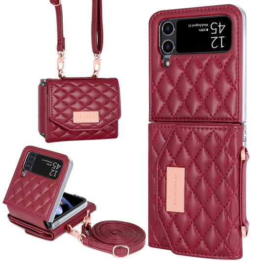 For Samsung Galaxy Z Flip4 VIETAO Rhombic Texture Wallet PU Phone Case with Long Lanyard(Red) - Galaxy Z Flip4 5G Cases by VIETAO | Online Shopping UK | buy2fix