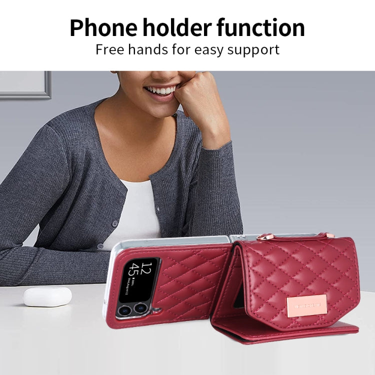 For Samsung Galaxy Z Flip4 VIETAO Rhombic Texture Wallet PU Phone Case with Long Lanyard(Red) - Galaxy Z Flip4 5G Cases by VIETAO | Online Shopping UK | buy2fix