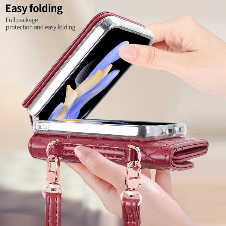 For Samsung Galaxy Z Flip4 VIETAO Rhombic Texture Wallet PU Phone Case with Long Lanyard(Red) - Galaxy Z Flip4 5G Cases by VIETAO | Online Shopping UK | buy2fix
