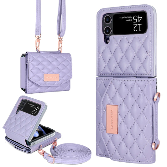 For Samsung Galaxy Z Flip4 VIETAO Rhombic Texture Wallet PU Phone Case with Long Lanyard(Purple) - Galaxy Z Flip4 5G Cases by VIETAO | Online Shopping UK | buy2fix