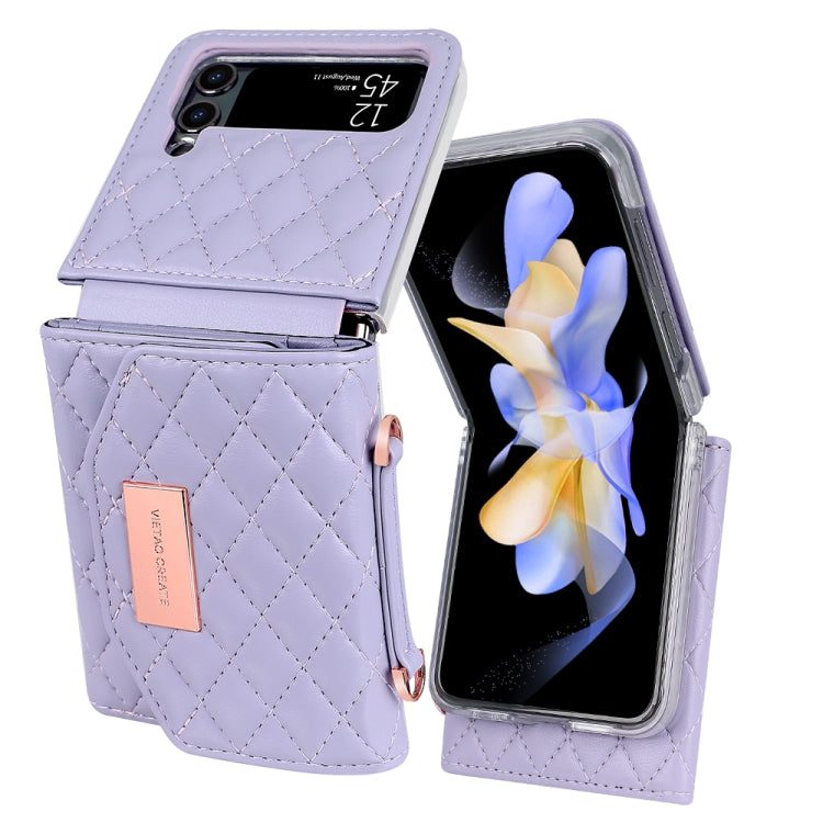 For Samsung Galaxy Z Flip4 VIETAO Rhombic Texture Wallet PU Phone Case with Long Lanyard(Purple) - Galaxy Z Flip4 5G Cases by VIETAO | Online Shopping UK | buy2fix