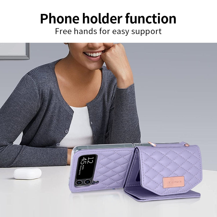 For Samsung Galaxy Z Flip4 VIETAO Rhombic Texture Wallet PU Phone Case with Long Lanyard(Purple) - Galaxy Z Flip4 5G Cases by VIETAO | Online Shopping UK | buy2fix