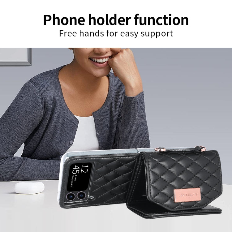 For Samsung Galaxy Z Flip3 5G VIETAO Rhombic Texture Wallet PU Phone Case with Long Lanyard(Black) - Galaxy Phone Cases by VIETAO | Online Shopping UK | buy2fix