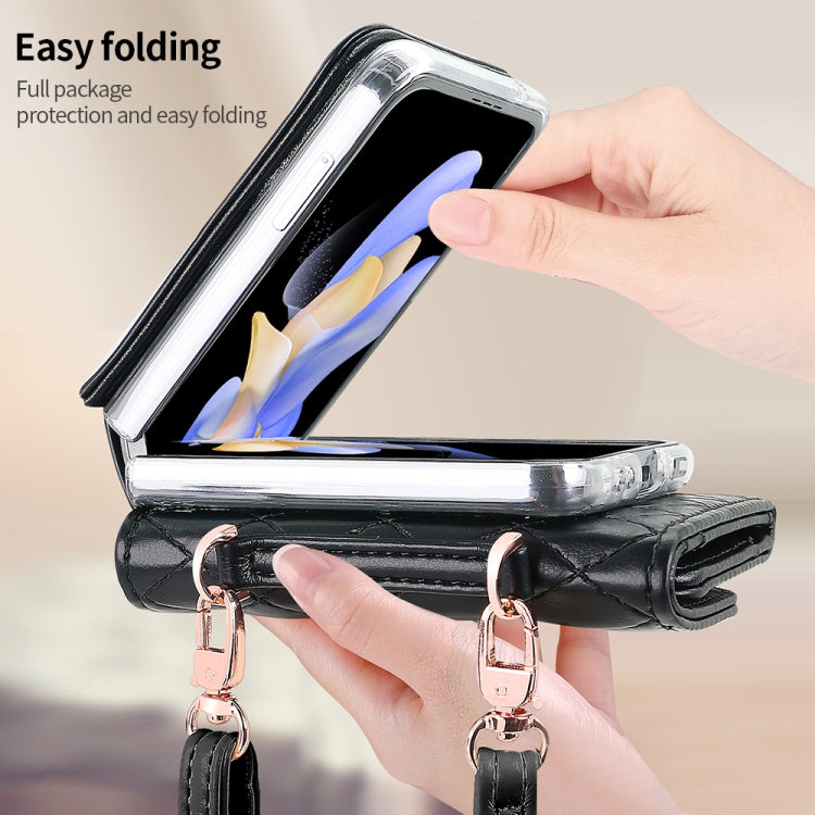 For Samsung Galaxy Z Flip3 5G VIETAO Rhombic Texture Wallet PU Phone Case with Long Lanyard(Black) - Galaxy Phone Cases by VIETAO | Online Shopping UK | buy2fix