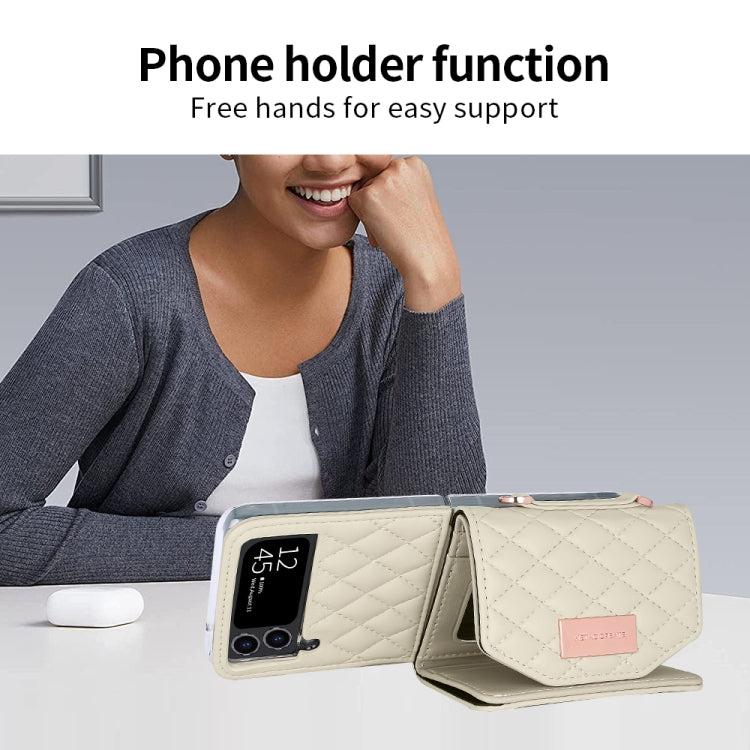 For Samsung Galaxy Z Flip3 5G VIETAO Rhombic Texture Wallet PU Phone Case with Long Lanyard(Beige) - Galaxy Phone Cases by VIETAO | Online Shopping UK | buy2fix