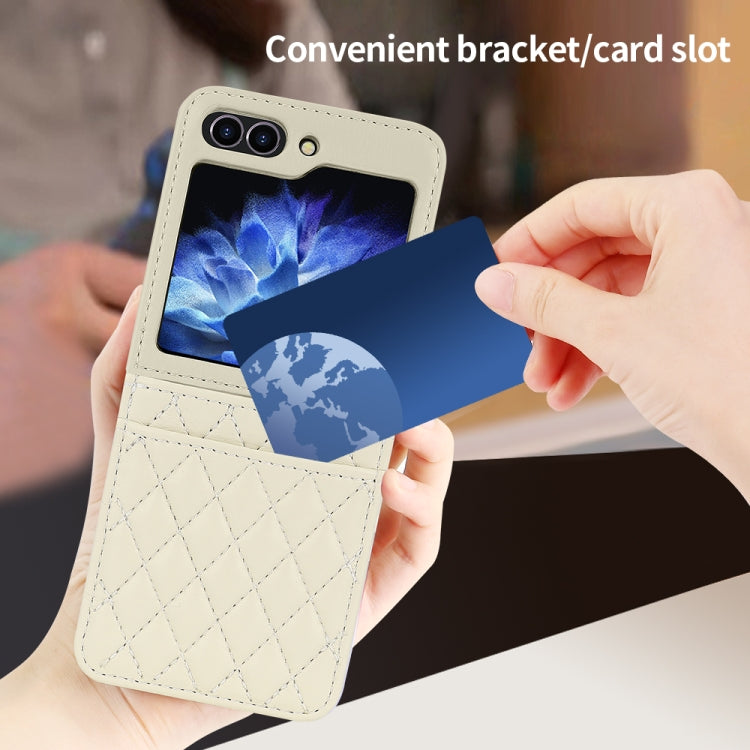 For Samsung Galaxy Z Flip6 / Flip7 FE VIETAO Rhombic Texture PU Card Slot Phone Case with Lanyard(Beige) - Galaxy Z Flip6 5G Cases by VIETAO | Online Shopping UK | buy2fix