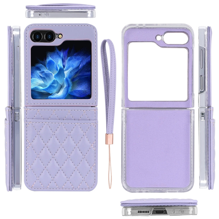 For Samsung Galaxy Z Flip6 / Flip7 FE VIETAO Rhombic Texture PU Card Slot Phone Case with Lanyard(Purple) - Galaxy Z Flip6 5G Cases by VIETAO | Online Shopping UK | buy2fix