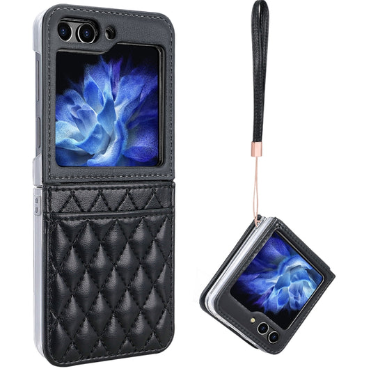 For Samsung Galaxy Z Flip5 VIETAO Rhombic Texture PU Card Slot Phone Case with Lanyard(Black) - Galaxy Z Flip5 Cases by VIETAO | Online Shopping UK | buy2fix