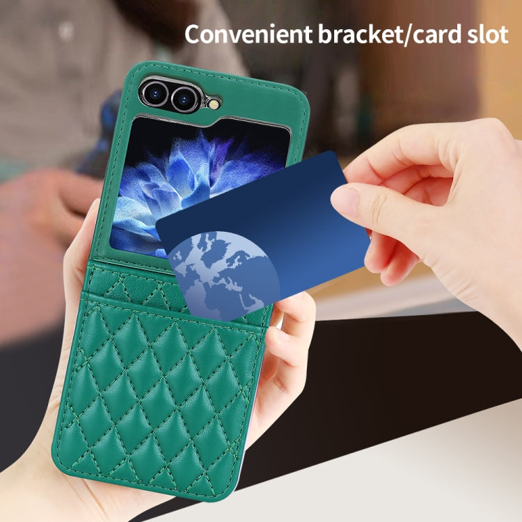 For Samsung Galaxy Z Flip5 VIETAO Rhombic Texture PU Card Slot Phone Case with Lanyard(Green) - Galaxy Z Flip5 Cases by VIETAO | Online Shopping UK | buy2fix