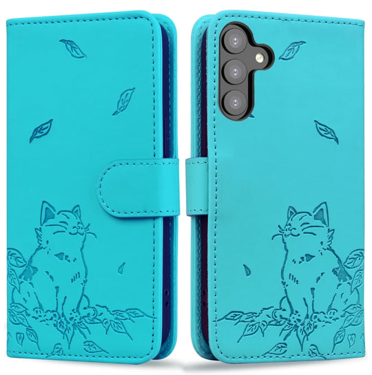 For Samsung Galaxy S24 5G Cute Cat Embossed Leather Phone Case(Lake Blue)