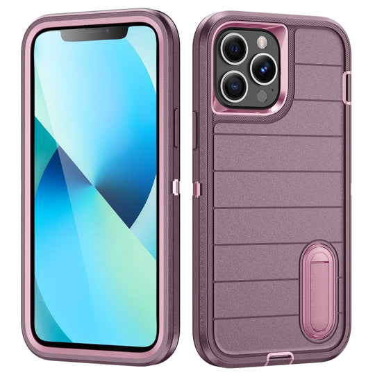For iPhone 13 Pro Max Defender Gen2 Rugged PC + Silicone Phone Case with Holder(Purple+Light Pink)