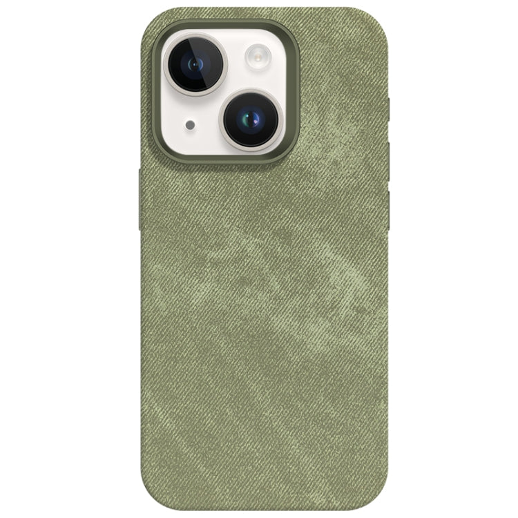 For iPhone 14 Skin Feel Denim Leather MagSafe Phone Case(Khaki Green) by buy2fix