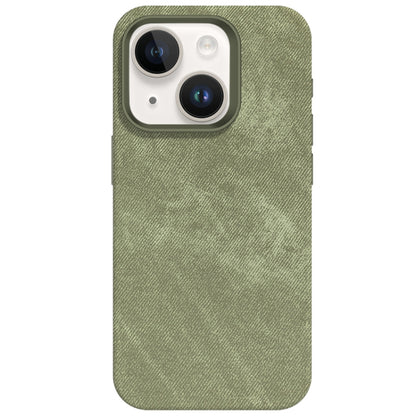 For iPhone 14 Skin Feel Denim Leather MagSafe Phone Case(Khaki Green) by buy2fix