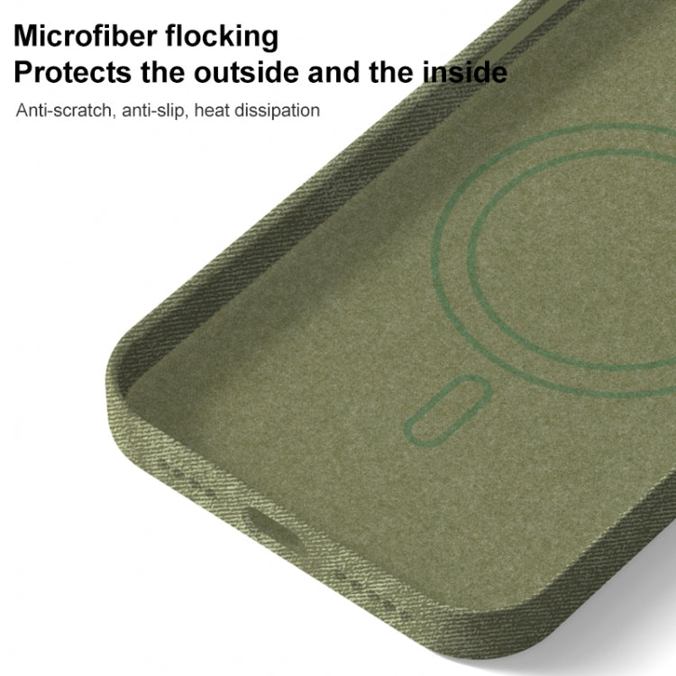 For iPhone 14 Skin Feel Denim Leather MagSafe Phone Case(Khaki Green) by buy2fix