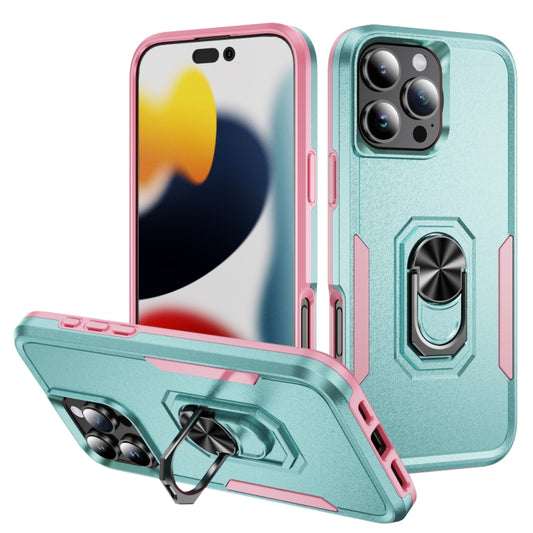 For iPhone 16 Pro Max Pioneer Armor Heavy Duty PC + TPU Phone Case with Holder(Green+Pink) by buy2fix