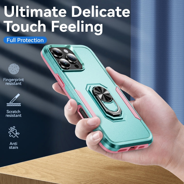 For iPhone 16 Pro Max Pioneer Armor Heavy Duty PC + TPU Phone Case with Holder(Green+Pink) by buy2fix