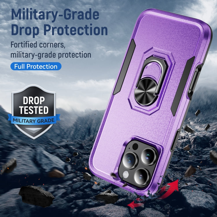 For iPhone 16 Pro Max Pioneer Armor Heavy Duty PC + TPU Phone Case with Holder(Purple+Black) by buy2fix