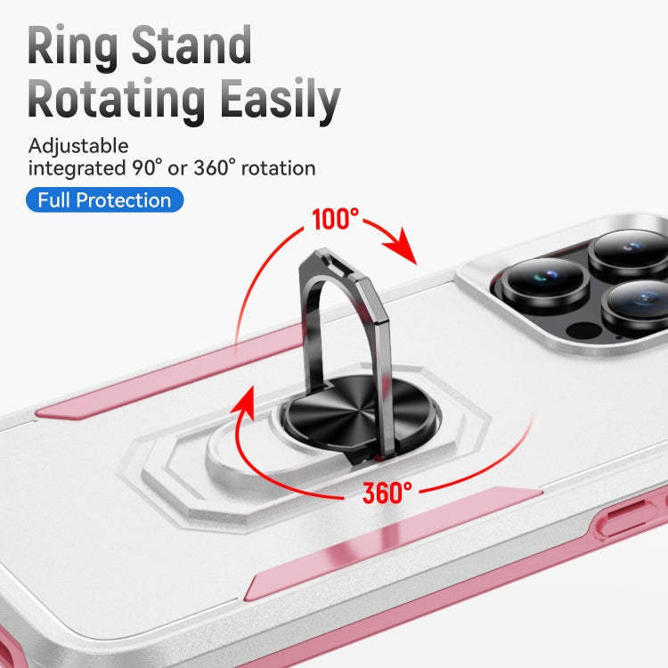 For iPhone 16 Pro Pioneer Armor Heavy Duty PC + TPU Phone Case with Holder(White+Pink) by buy2fix