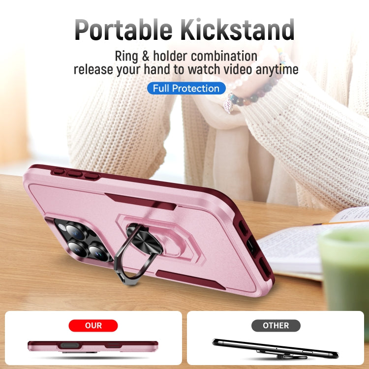 For iPhone 16 Pro Pioneer Armor Heavy Duty PC + TPU Phone Case with Holder(Pink+Rose Red) by buy2fix