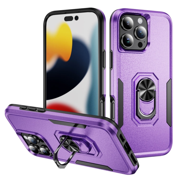 For iPhone 16 Pro Pioneer Armor Heavy Duty PC + TPU Phone Case with Holder(Purple+Black) by buy2fix