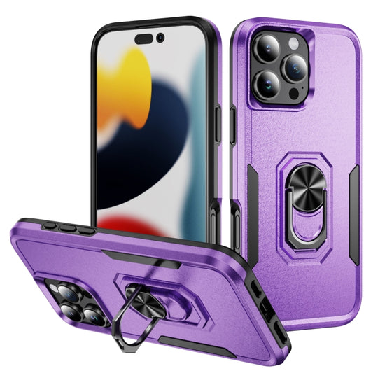 For iPhone 16 Pro Pioneer Armor Heavy Duty PC + TPU Phone Case with Holder(Purple+Black) by buy2fix
