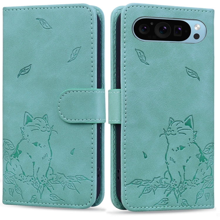 For Google Pixel 9 / 9 Pro Cute Cat Embossed Leather Phone Case(Green) by buy2fix